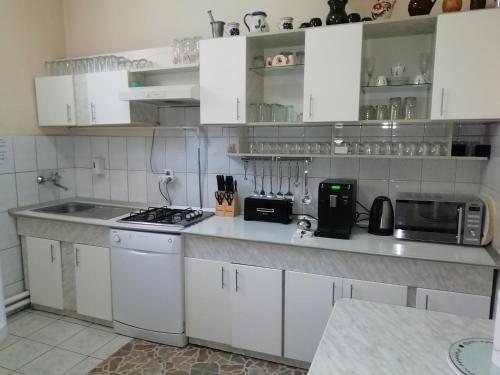 索瓦塔Casa Julia/Adult Only的厨房配有白色橱柜、水槽和微波炉