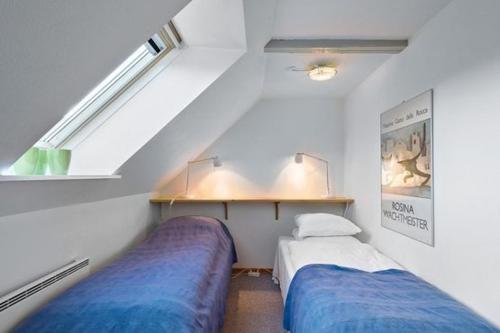 ØlstedStrandsegård Ferielejlighed的客房设有两张床和倾斜的天花板。