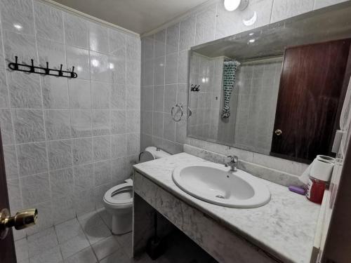 Al Azraq ash ShamālīAzraq Rest House的一间带水槽、卫生间和镜子的浴室