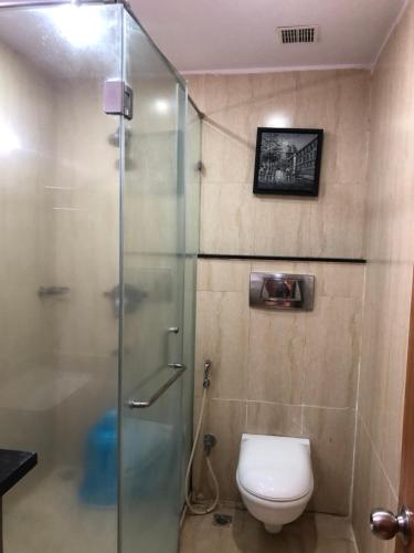 拉加蒙德里Leela pavilion的一间带卫生间和玻璃淋浴间的浴室