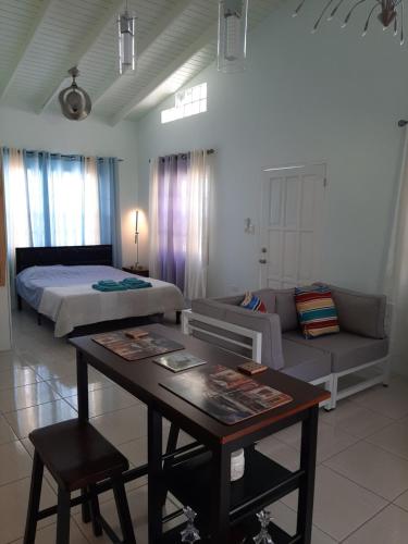 LowlandsCC Best Villas Tobago的一间卧室配有一张床、一张桌子和一张沙发