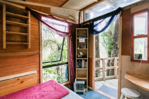 Island BayThe Treehut的一间卧室设有一张床和一个大窗户