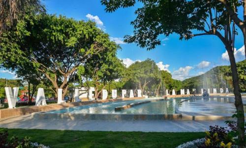 巴耶杜帕尔Apartamentos Las Piloneras的公园里的一个喷泉,有树木和草地