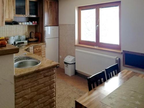 弗拉西克Villa Franka - Vlašić的厨房配有水槽、桌子和冰箱