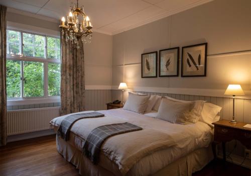 百内三塔埃斯坦西亚山圭多酒店的一间卧室配有一张大床和一个吊灯。