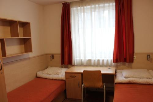 杰尔法姆洛斯克雷吉姆旅舍的客房设有两张床和一个带红色窗帘的窗户。