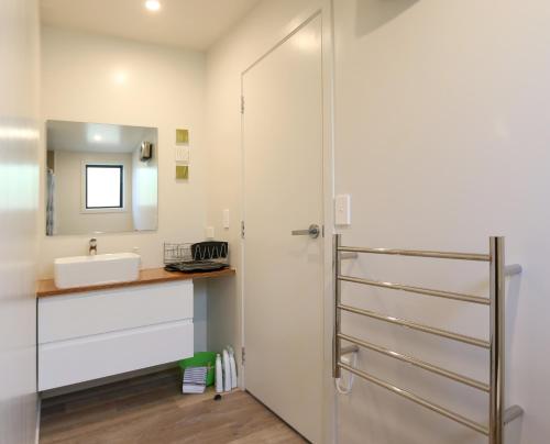 瓦纳卡Wanaka Riverside 1 Bedroom Apartment的一间带水槽和淋浴的浴室