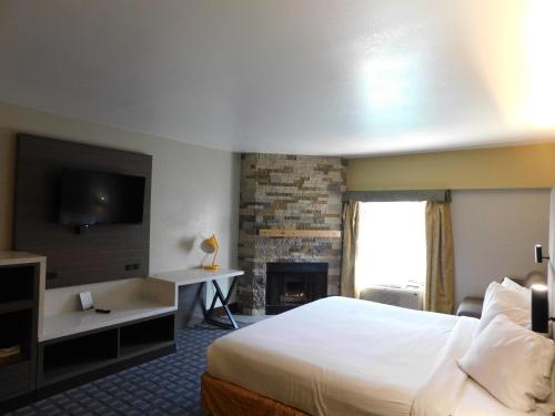 加特林堡盖特林堡市中心林荫道套房戴斯酒店的酒店客房配有一张床和一个壁炉。
