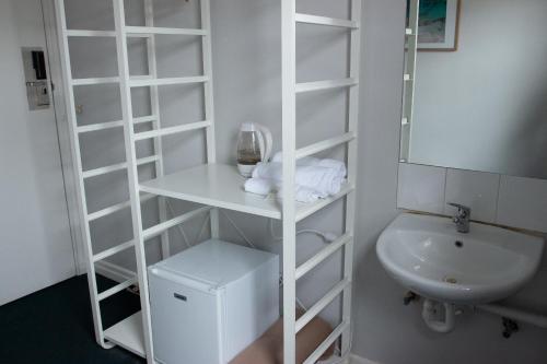 悉尼罗克代尔格兰德酒店的浴室设有水槽旁的白色书架