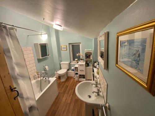 科尔切斯特Prince Cottage的一间带水槽、淋浴和卫生间的浴室