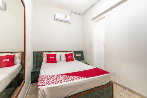 圣保罗OYO Hotel Dom Pedro, São Paulo的一间卧室配有红色枕头的床