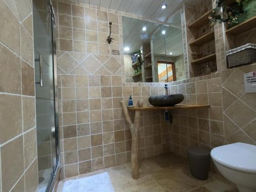 MuroChez Marco Gîte & SPA U FILANCIU的浴室配有盥洗盆和带镜子的淋浴