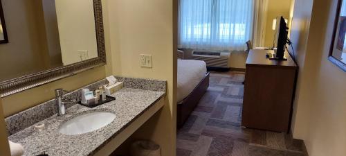 贝尔法斯特贝尔法斯特港酒店的一间带水槽、床和镜子的浴室