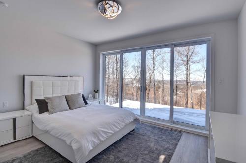 La ConceptionChalet Serenity - Mont Tremblant Ski - Spa Sauna Wifi TV Privet Chic Modern House的一间卧室设有一张床和一个大窗户
