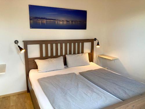 博登湖畔克雷斯波洛Zum Seglerhafen – Ferienappartement的一间卧室配有一张大床和两个枕头