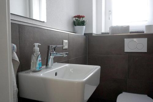 布劳博伊伦Ferienwohnung Reimann mit kostenloser AlbCard的浴室水槽和一瓶肥皂