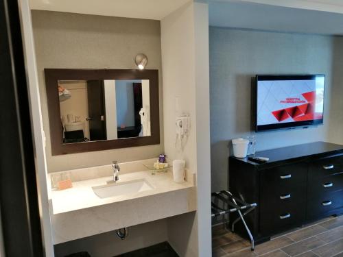 萨尔蒂约努沃酒店的一间带水槽和镜子的浴室