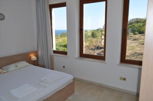 比亚拉Beautiful family villa with sea view的一间卧室设有三扇窗户和一张美景床。