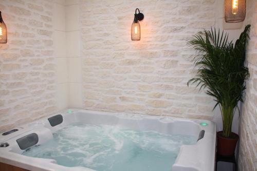 埃佩尔奈L'Atelier - Gîte & Spa的植物浴室内的白色浴缸