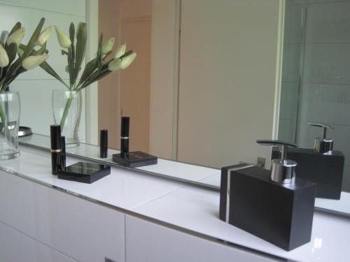 巴登-巴登Appartement Panoramablick的浴室的柜台配有镜子和花瓶