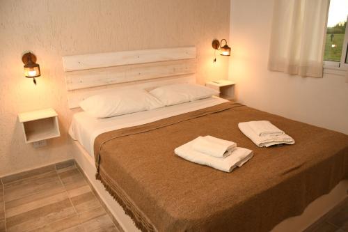圣拉斐尔Cabañas Viento Andino的一间卧室配有一张大床和毛巾