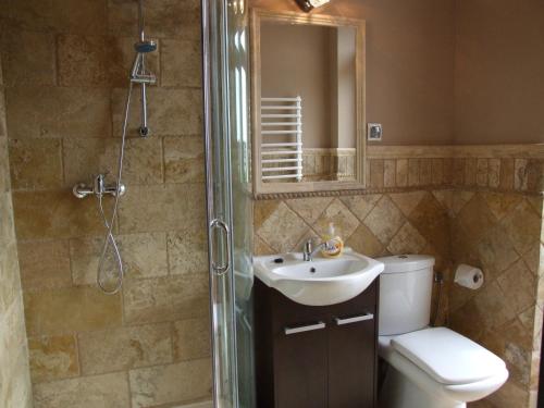 PieniężnoHotelik Hermes的浴室配有卫生间、盥洗盆和淋浴。