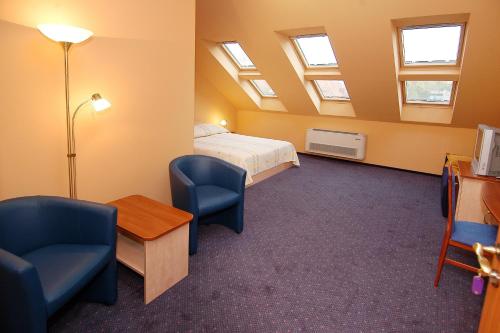 埃格尔图恩迪尔帕特旅馆的酒店客房带一张床、一张桌子和椅子