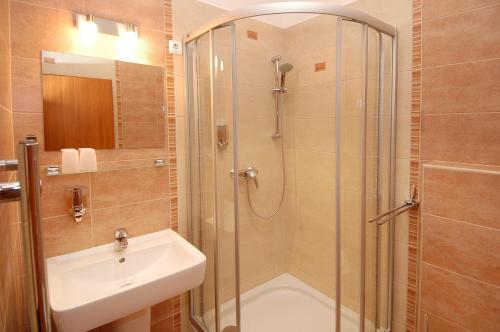 埃格尔图恩迪尔帕特旅馆的带淋浴和盥洗盆的浴室