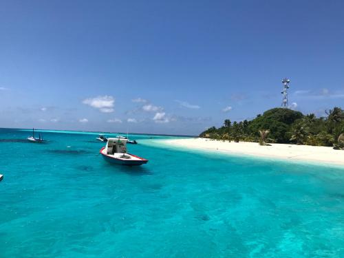 弗里德胡岛屿度假宾馆的海滩旁的水中小船