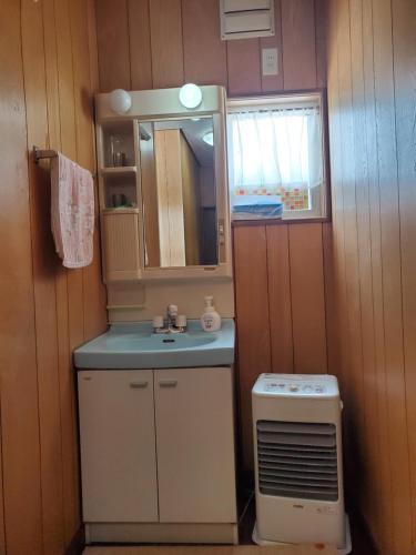 富良野Guest House EBISAN的一间带水槽和镜子的小浴室
