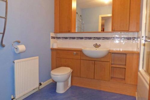 阿伯丁Comfortable, self contained 2 double beds town apartment near Pittodrie Stadium的一间带卫生间、水槽和镜子的浴室