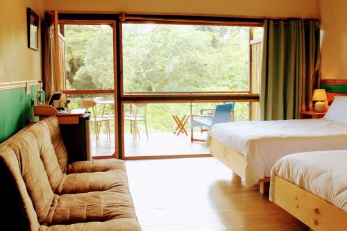 阿拉胡埃拉Hotel Pibi Boreal的一间卧室设有两张床、一张沙发和一个窗口