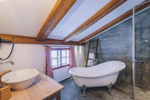 萨尔巴赫AlpenOase Sonnhof的一间带大浴缸和玻璃淋浴的浴室