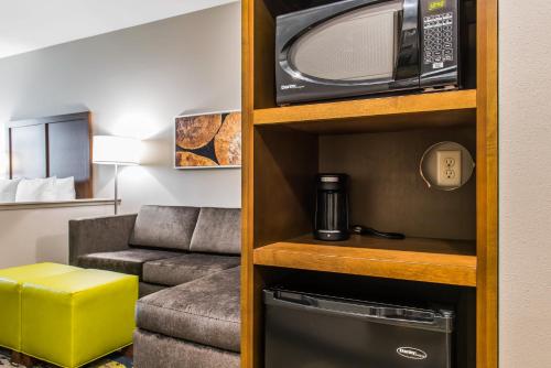 瓦尔多斯塔Comfort Inn & Suites Valdosta的一间带微波炉和沙发的客厅