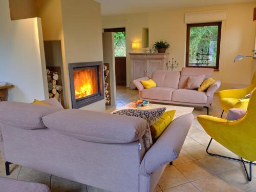 希迈Quaint Holiday Home in Robechies amid Meadows的客厅设有两张沙发和一个壁炉