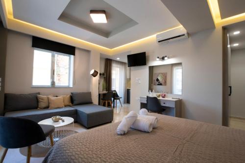 科斯镇Αqua Dream Beach Apartment的一间卧室设有一张床和一间客厅。