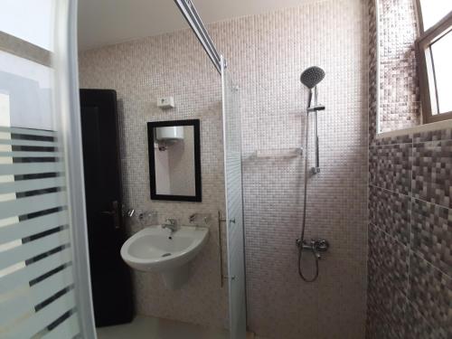 安曼Furnished Apartments Near McDonald's Al-Madina Al-Monawara St的浴室配有水槽和带水槽的淋浴