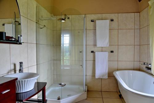 米德兰Owls Loft Guest House的带淋浴、浴缸和盥洗盆的浴室