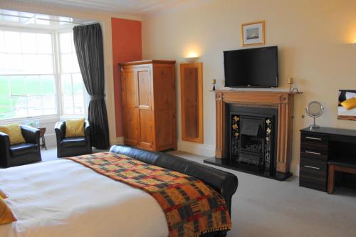 伊尔弗勒科姆橄榄枝酒店的一间卧室配有一张床、一个壁炉和一台电视。