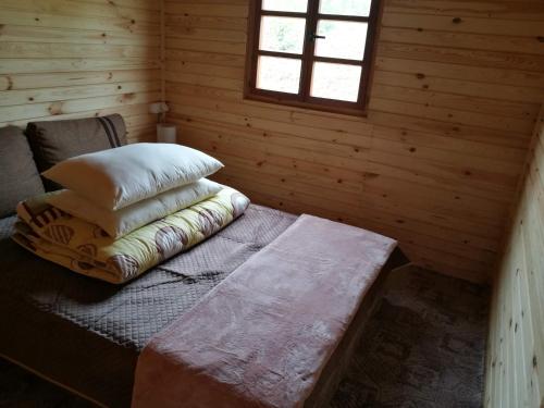 恰普利内克Nad Drawskim DOMKI LETNISKOWE的小木屋配有带枕头的床