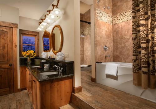 杰克逊Parkway Inn of Jackson Hole的带浴缸、水槽和淋浴的浴室