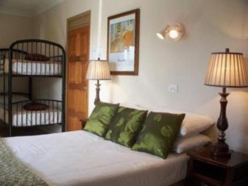 凯恩斯中央景观酒店的一间卧室配有一张带绿色枕头的床
