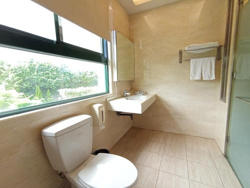 万里区金涌泉SPA温泉会馆的一间带卫生间、水槽和窗户的浴室