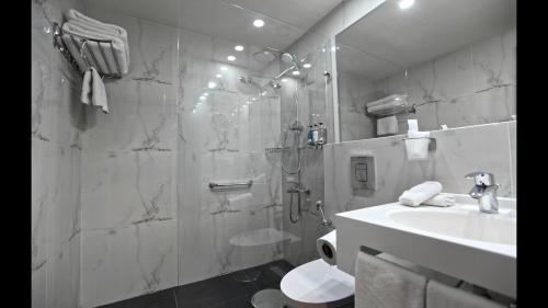 贝鲁特Hotel De Ville的带淋浴、卫生间和盥洗盆的浴室