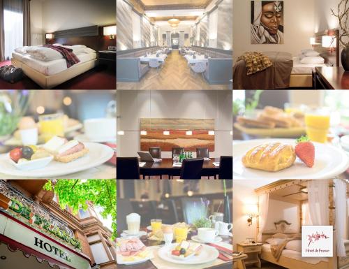 威斯巴登Hotel de France Wiesbaden City的照片拼贴,照片上标有酒店房间的食物
