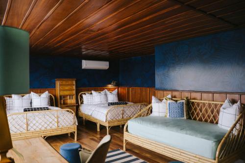 EscazúCasa 41的蓝色墙壁客房的两张床