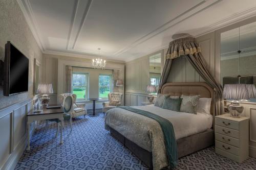特拉利伯里赛利的城堡酒店的一间卧室配有一张床、一张书桌和一台电视