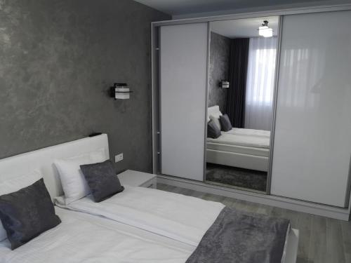 奥拉迪亚Gala Residence in Oradea的卧室配有镜子、床和四柱床