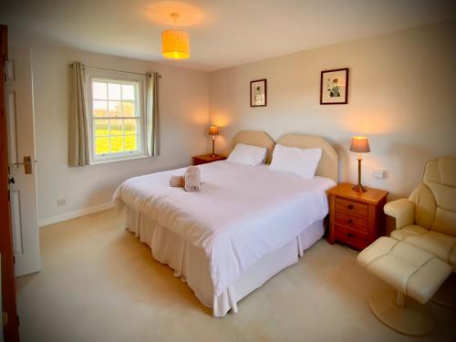 La VillaisePeaceful 2 bedroom granite country dower house的卧室设有一张白色大床和一扇窗户。