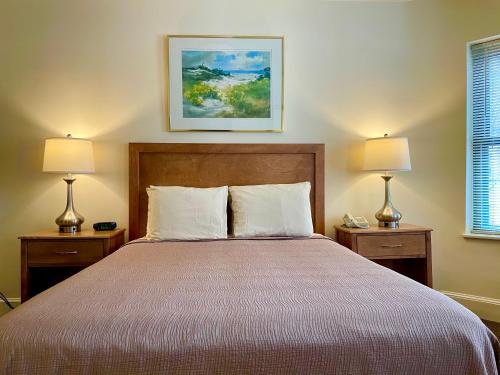 波士顿绿洲宾馆的一间卧室配有一张大床和两盏灯
